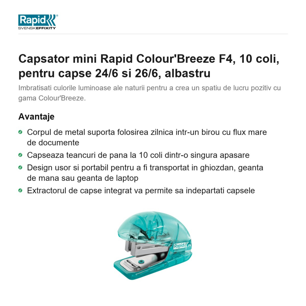Capsator mini Rapid Colour'Breeze F4, 10 coli, pentru capse 24/6 si 26/6, albastru [2]