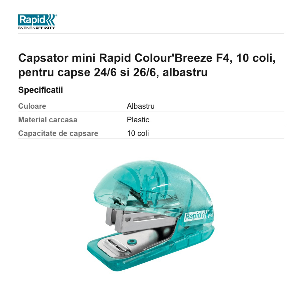 Capsator mini Rapid Colour'Breeze F4, 10 coli, pentru capse 24/6 si 26/6, albastru [3]