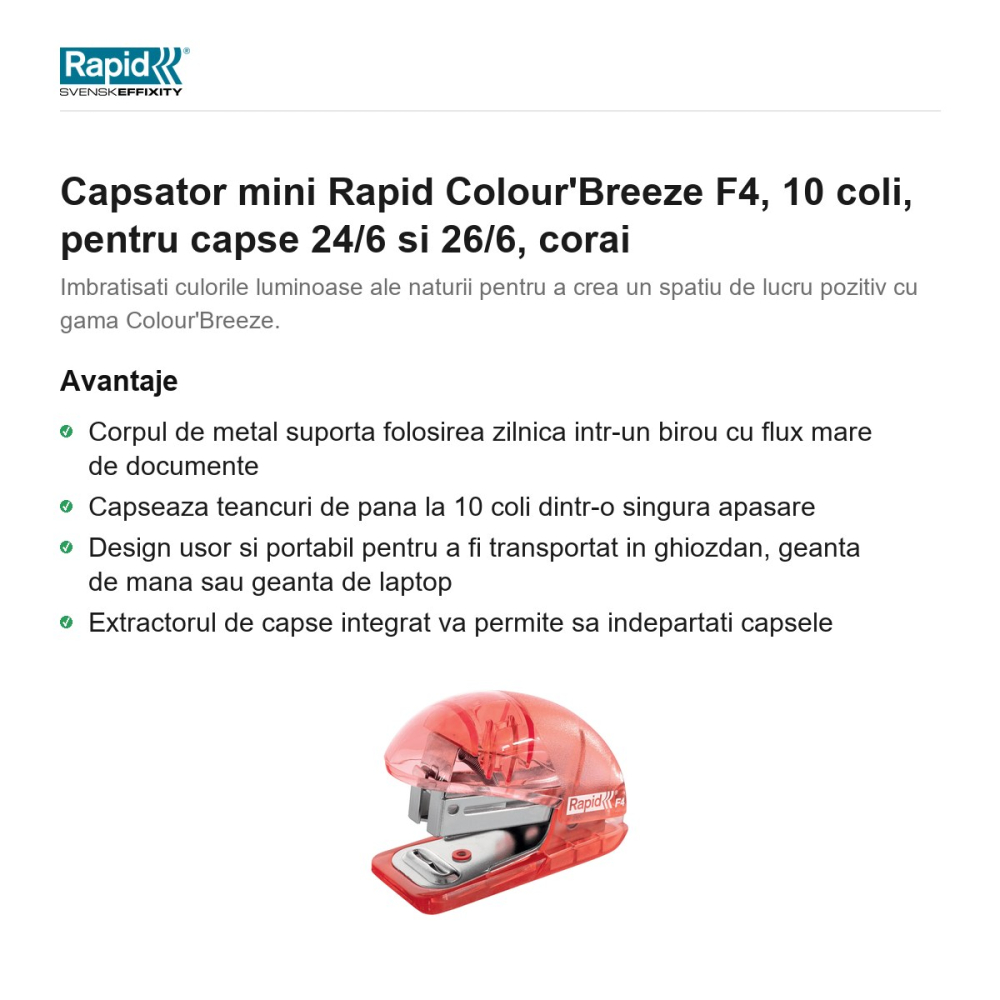 Capsator mini Rapid Colour'Breeze F4, 10 coli, pentru capse 24/6 si 26/6, corai [2]