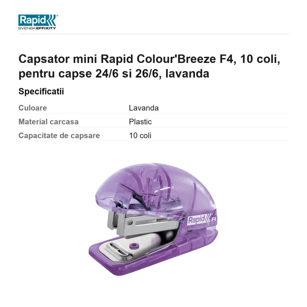 Capsator mini Rapid Colour'Breeze F4, 10 coli, pentru capse 24/6 si 26/6, lavanda [3]