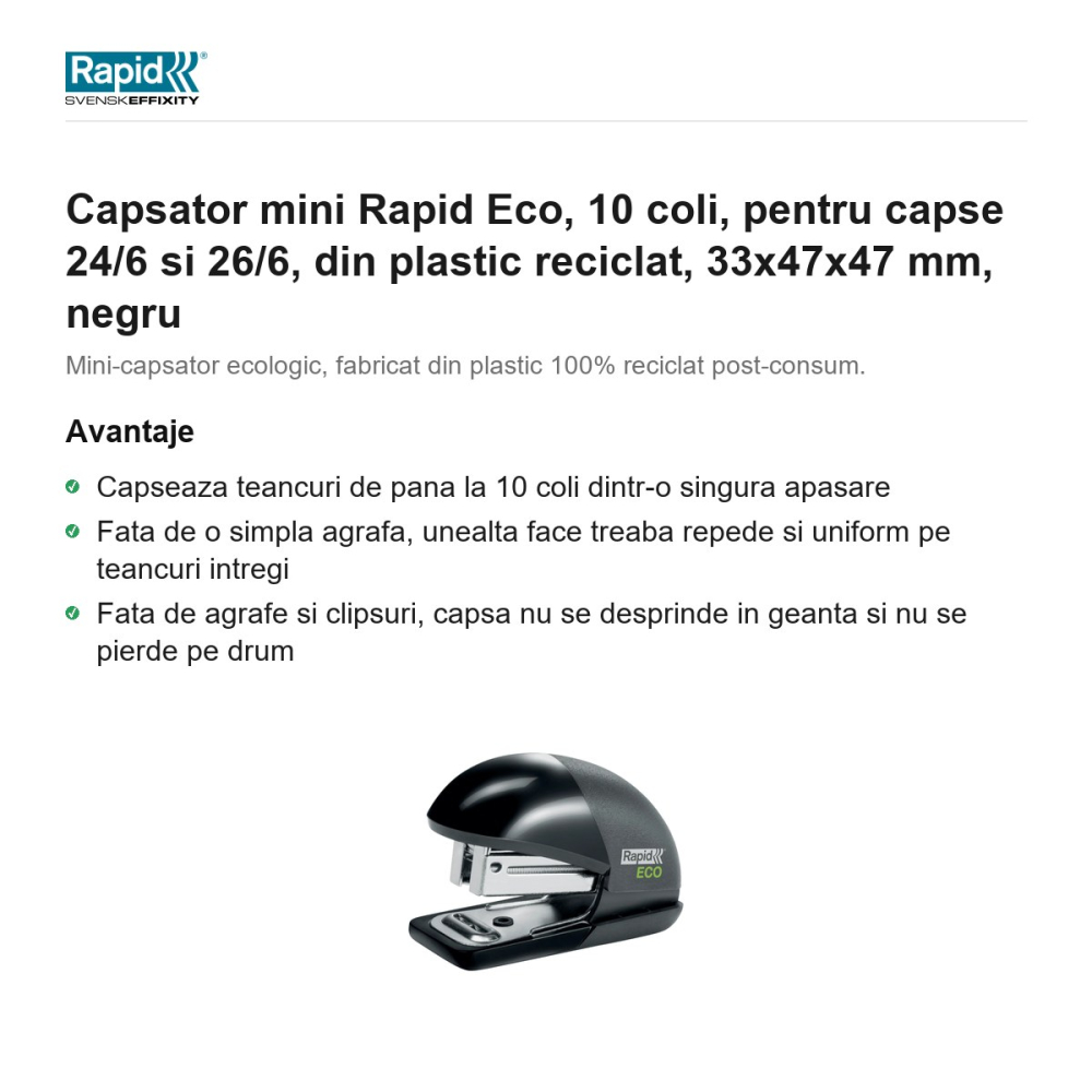 Capsator mini Rapid Eco, 10 coli, pentru capse 24/6 si 26/6, din plastic reciclat, 33x47x47 mm, negru [2]