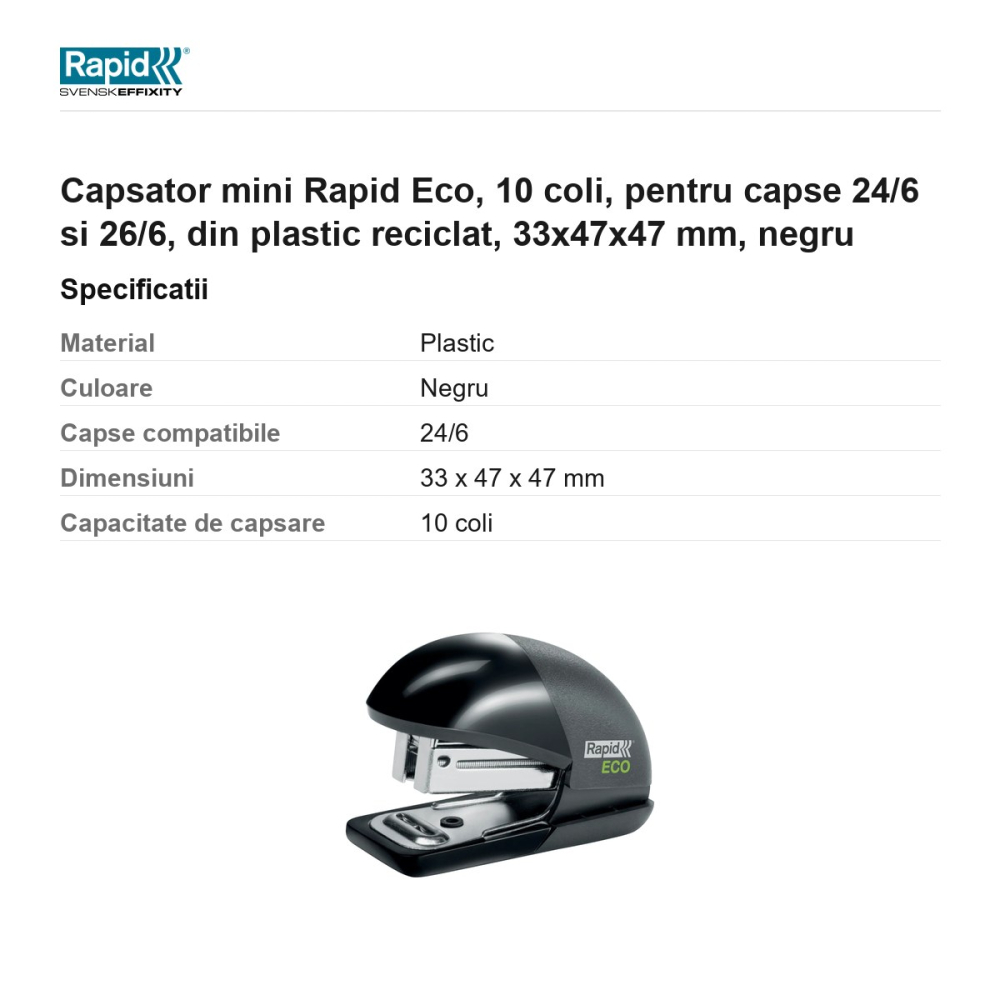 Capsator mini Rapid Eco, 10 coli, pentru capse 24/6 si 26/6, din plastic reciclat, 33x47x47 mm, negru [3]