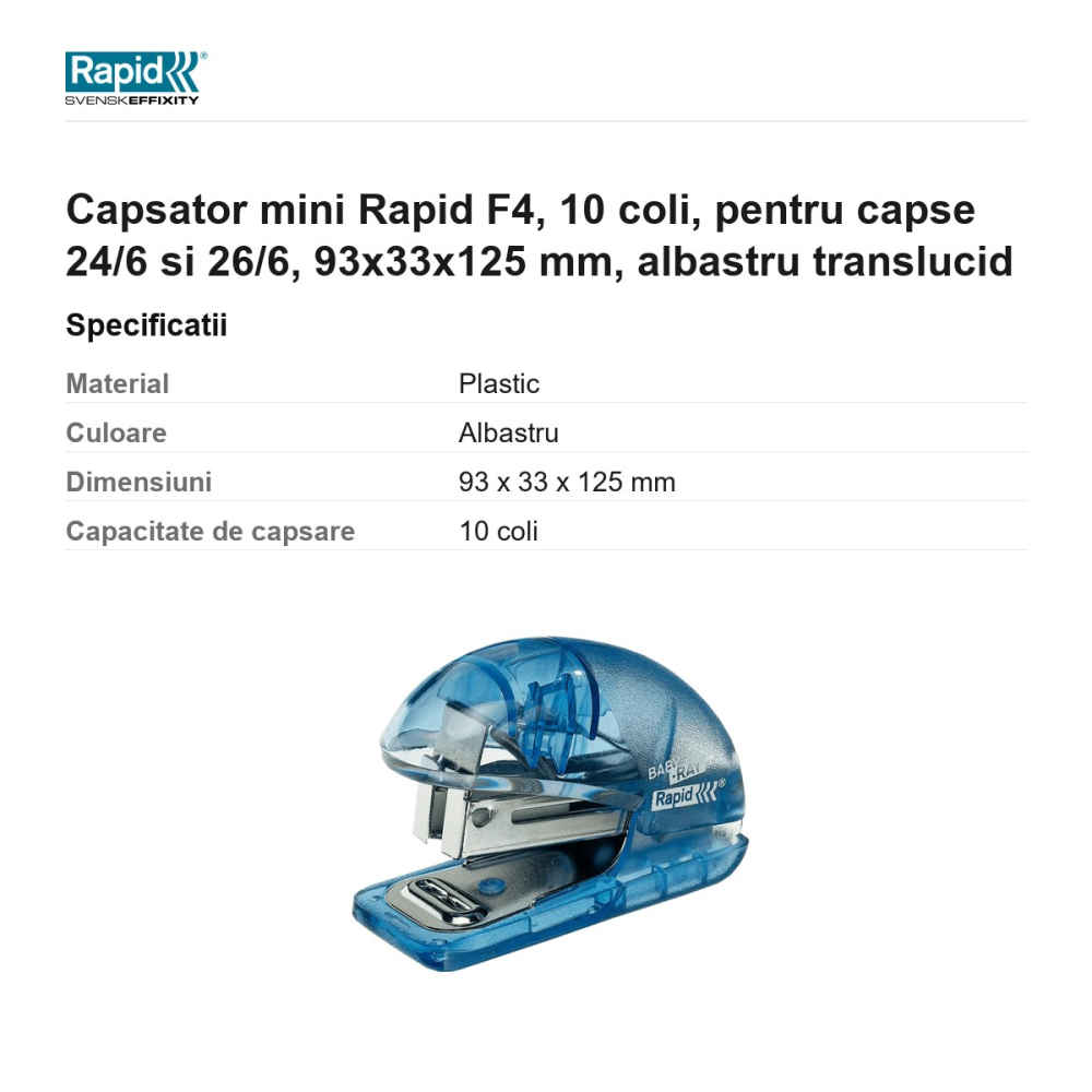 Capsator mini Rapid F4, 10 coli, pentru capse 24/6 si 26/6, 93x33x125 mm, albastru translucid [3]