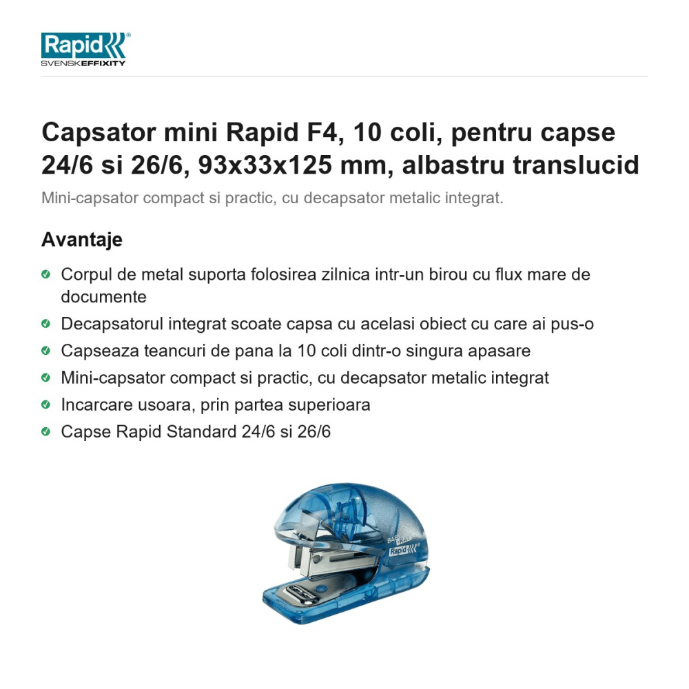 Capsator mini Rapid F4, 10 coli, pentru capse 24/6 si 26/6, 93x33x125 mm, albastru translucid [2]