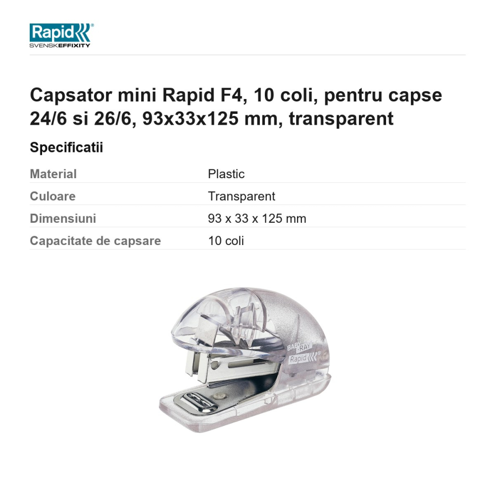 Capsator mini Rapid F4, 10 coli, pentru capse 24/6 si 26/6, 93x33x125 mm, transparent [3]