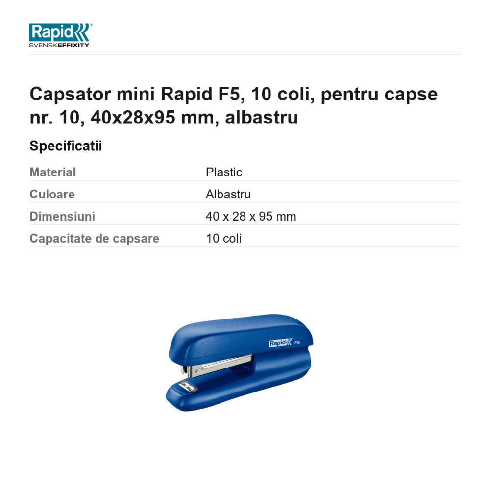 Capsator mini Rapid F5, 10 coli, pentru capse nr. 10, 40x28x95 mm, albastru [3]