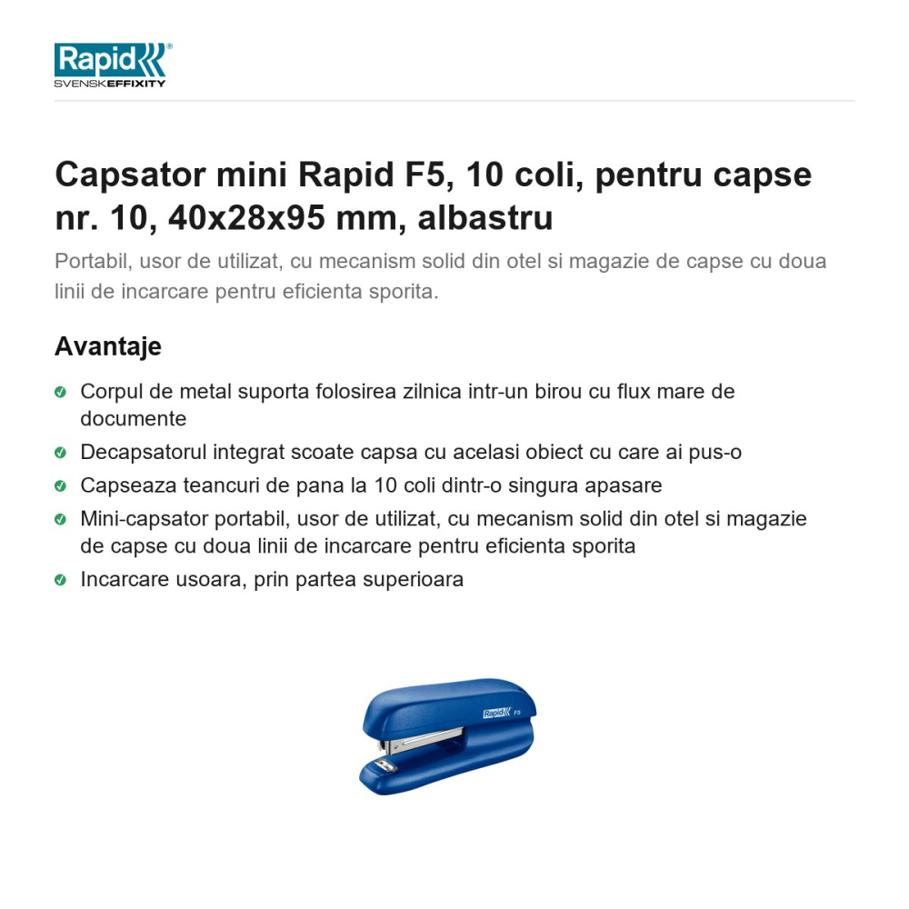 Capsator mini Rapid F5, 10 coli, pentru capse nr. 10, 40x28x95 mm, albastru [2]