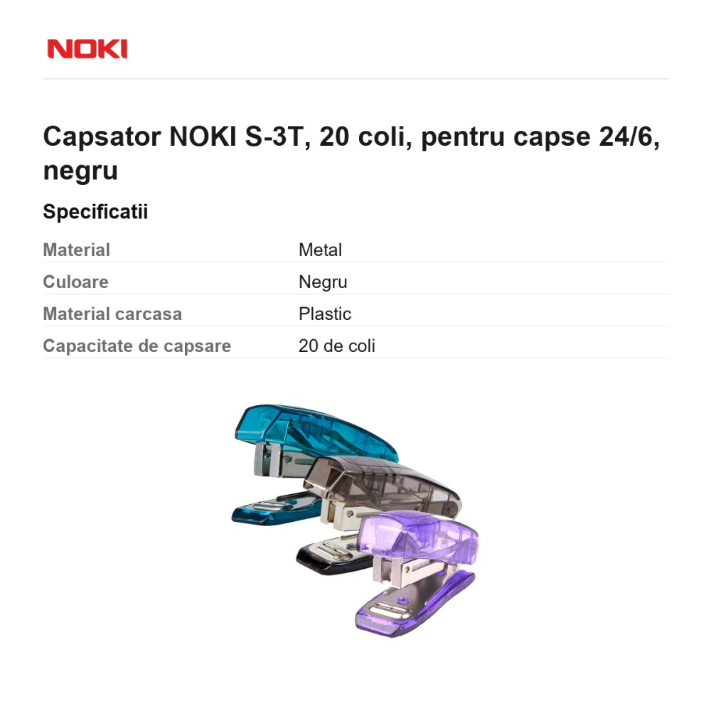 Capsator NOKI S-3T, 20 coli, pentru capse 24/6, negru [3]