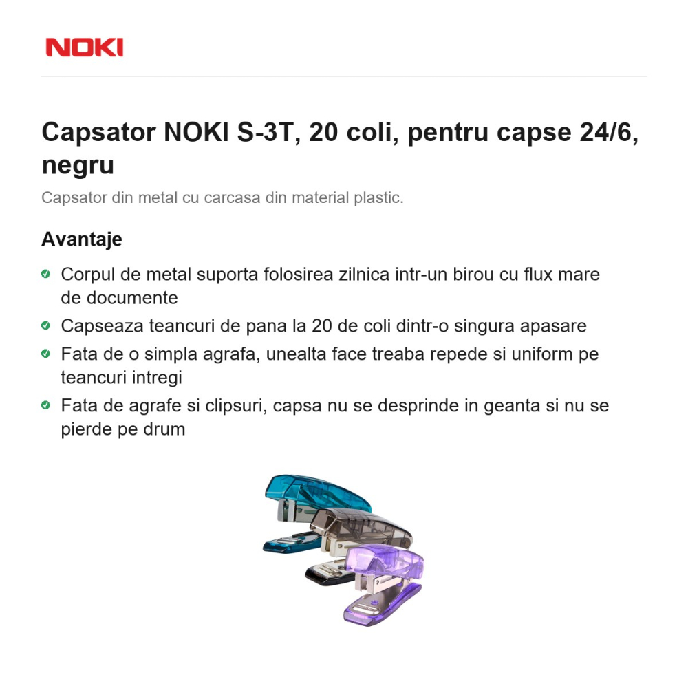 Capsator NOKI S-3T, 20 coli, pentru capse 24/6, negru [2]