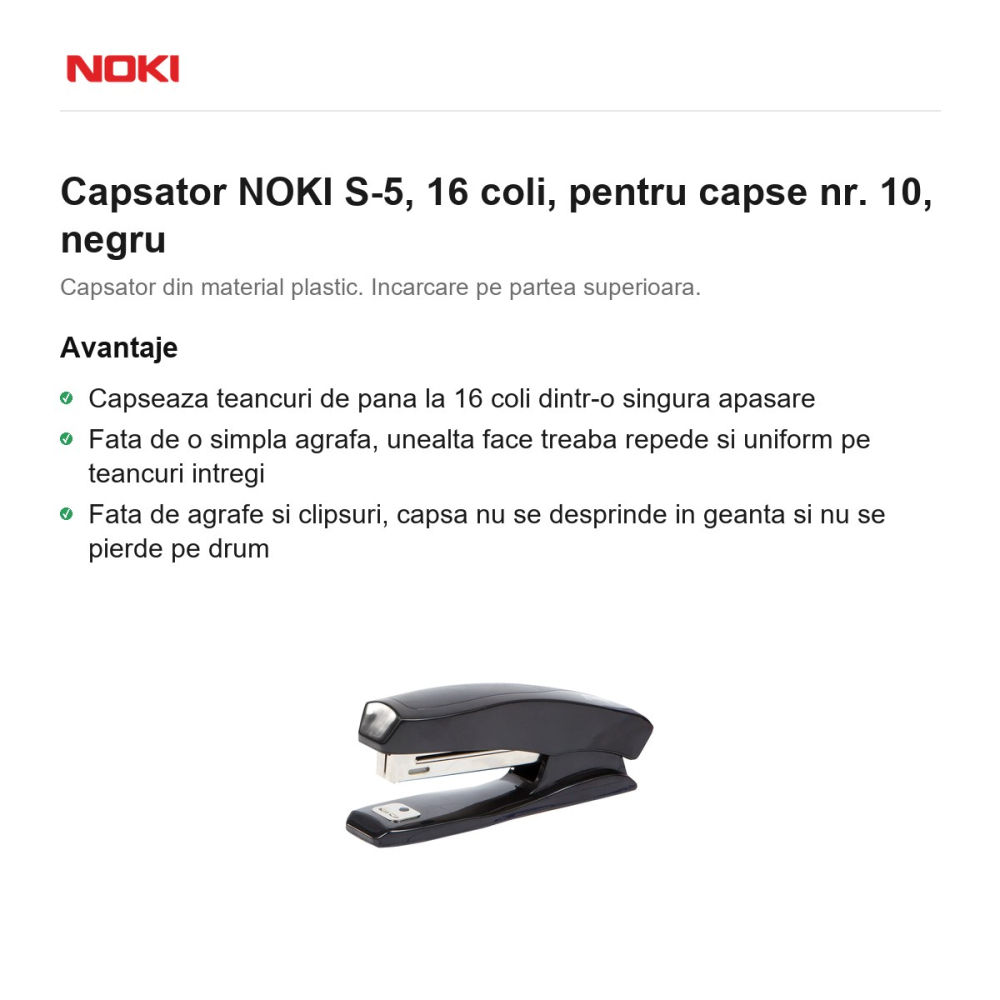 Capsator NOKI S-5, 16 coli, pentru capse nr. 10, negru [2]