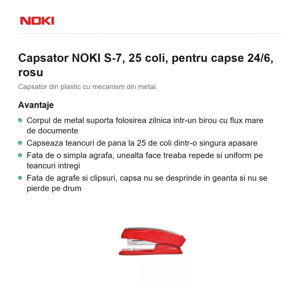 Capsator NOKI S-7, 25 coli, pentru capse 24/6, rosu [2]