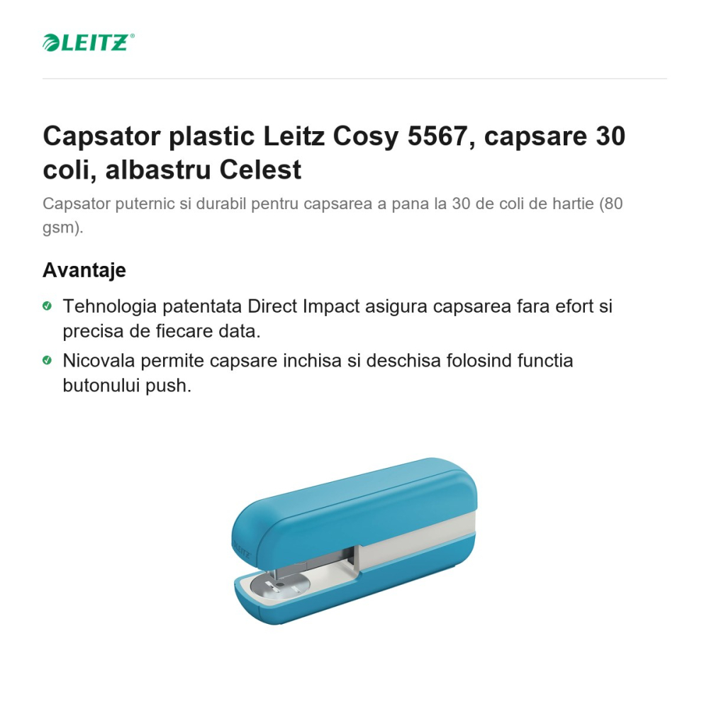 Capsator plastic Leitz Cosy 5567, capsare 30 coli, albastru Celest [2]