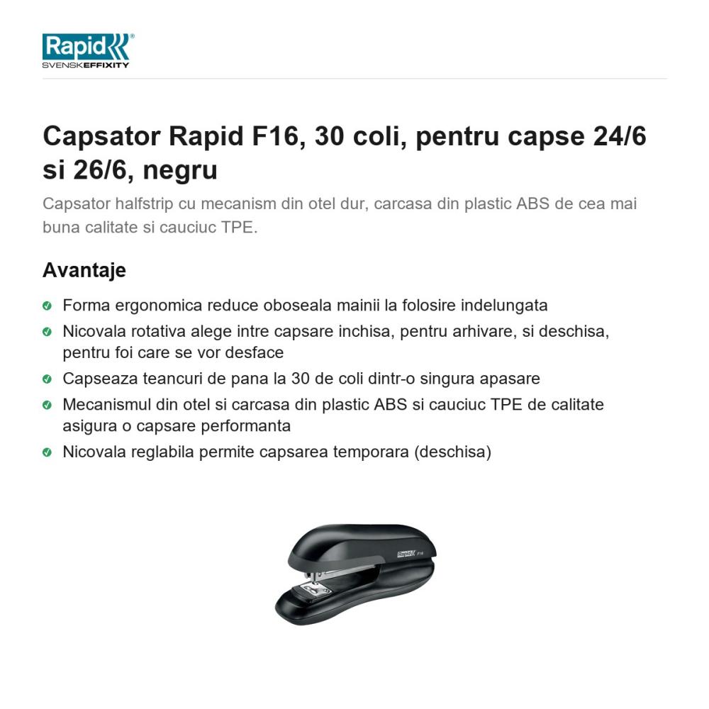 Capsator Rapid F16, 30 coli, pentru capse 24/6 si 26/6, negru [2]