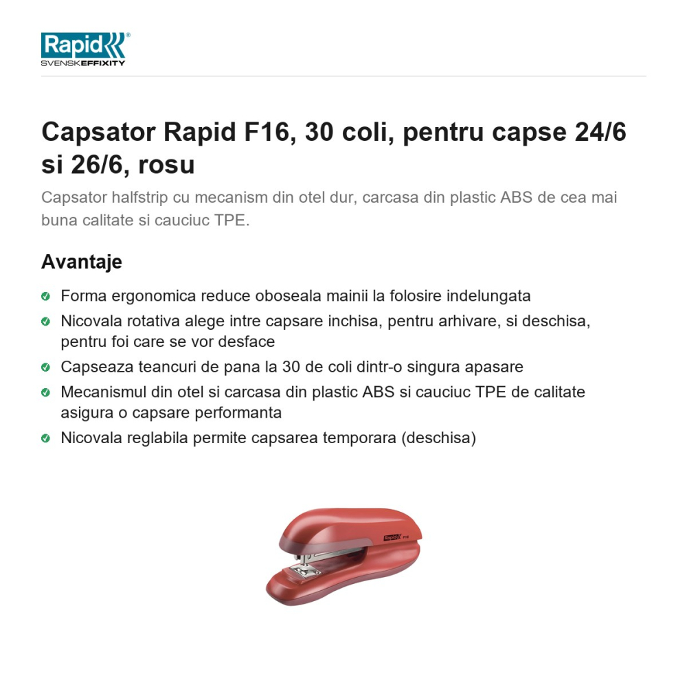 Capsator Rapid F16, 30 coli, pentru capse 24/6 si 26/6, rosu [2]