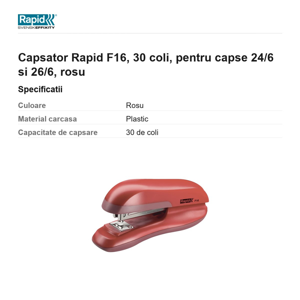 Capsator Rapid F16, 30 coli, pentru capse 24/6 si 26/6, rosu [3]
