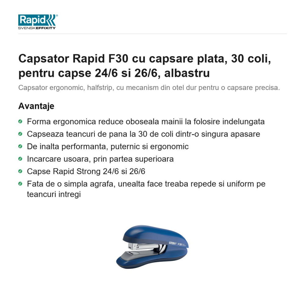 Capsator Rapid F30 cu capsare plata, 30 coli, pentru capse 24/6 si 26/6, albastru [2]