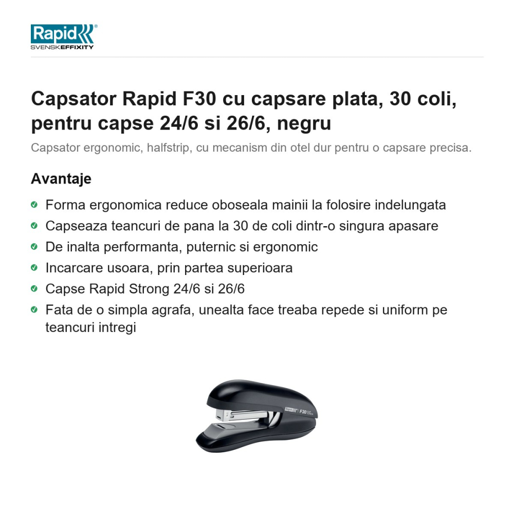 Capsator Rapid F30 cu capsare plata, 30 coli, pentru capse 24/6 si 26/6, negru [2]