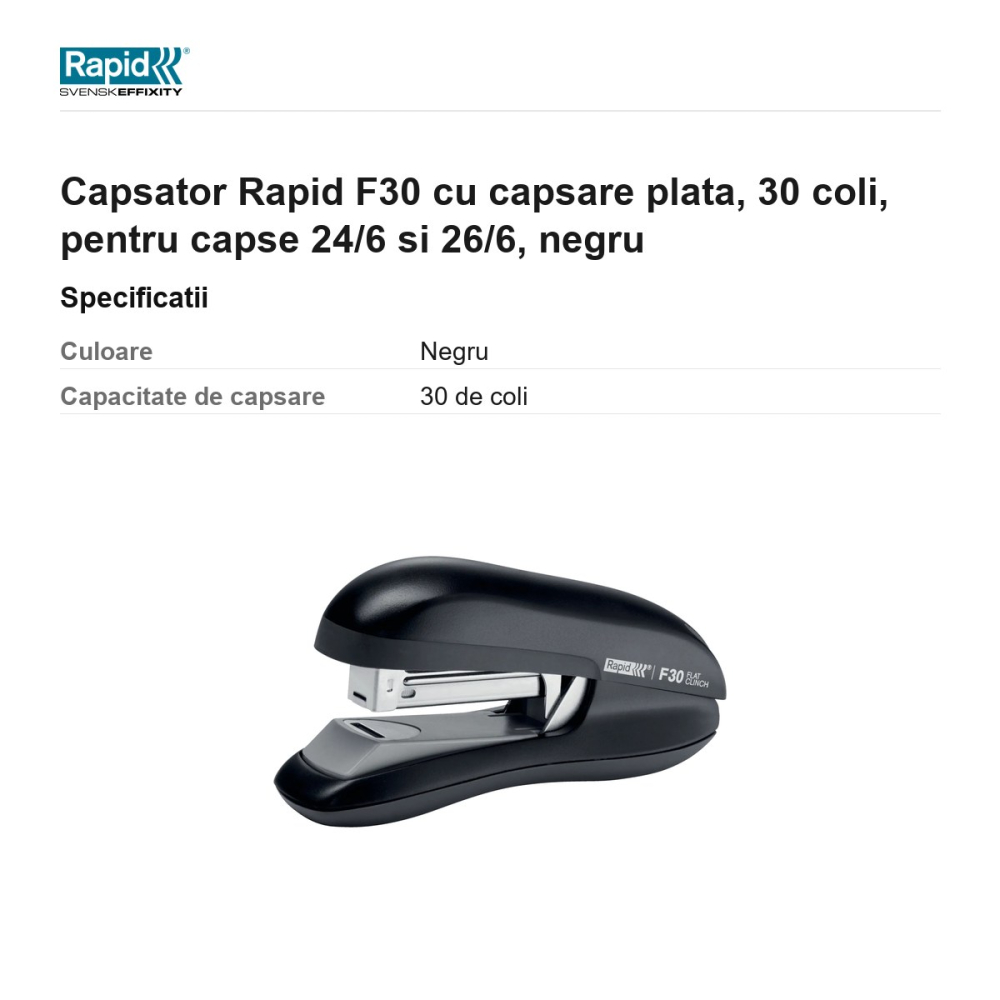 Capsator Rapid F30 cu capsare plata, 30 coli, pentru capse 24/6 si 26/6, negru [3]