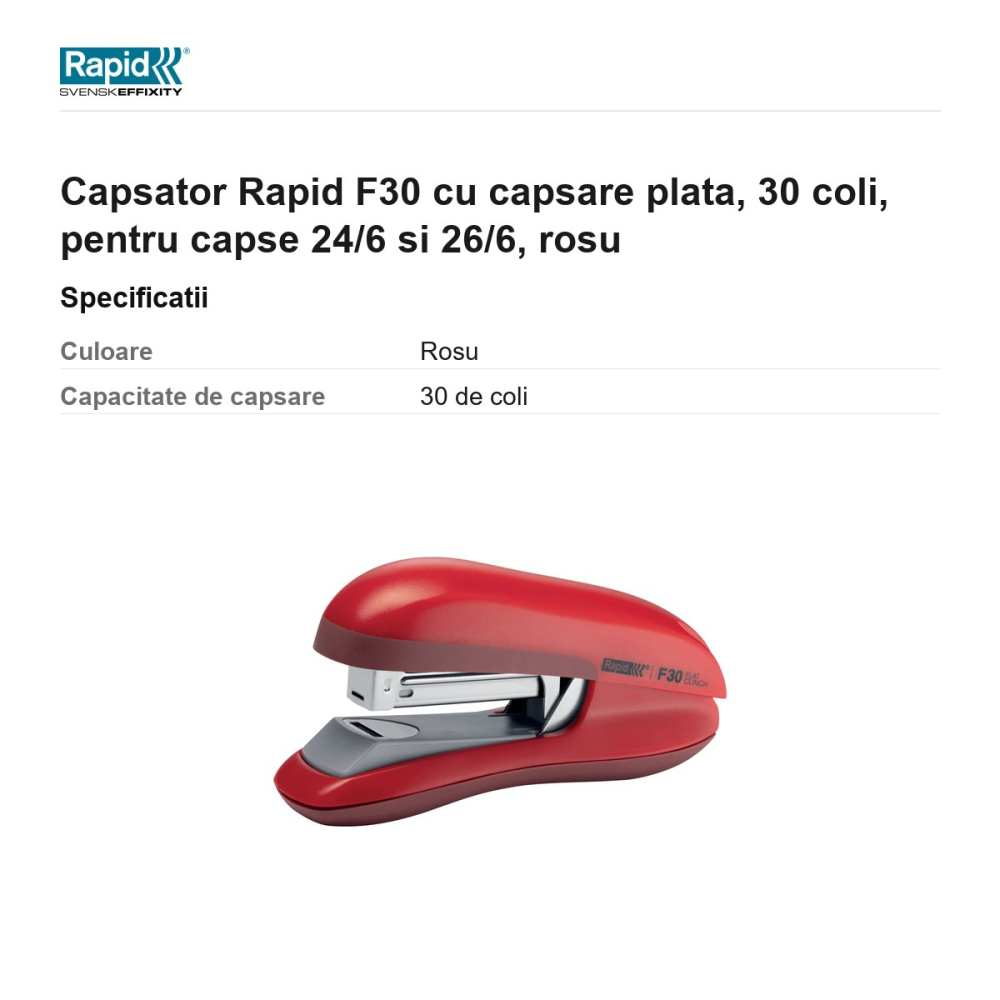 Capsator Rapid F30 cu capsare plata, 30 coli, pentru capse 24/6 si 26/6, rosu [3]