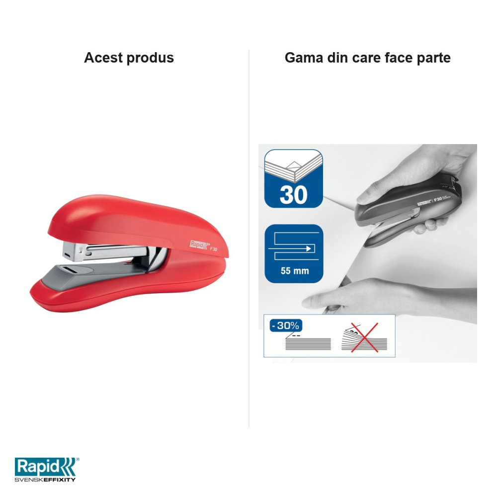 Capsator Rapid F30 cu capsare plata, 30 coli, pentru capse 24/6 si 26/6, rosu deschis [4]