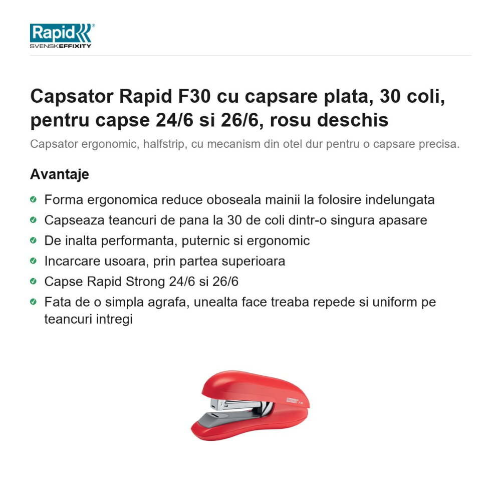 Capsator Rapid F30 cu capsare plata, 30 coli, pentru capse 24/6 si 26/6, rosu deschis [2]