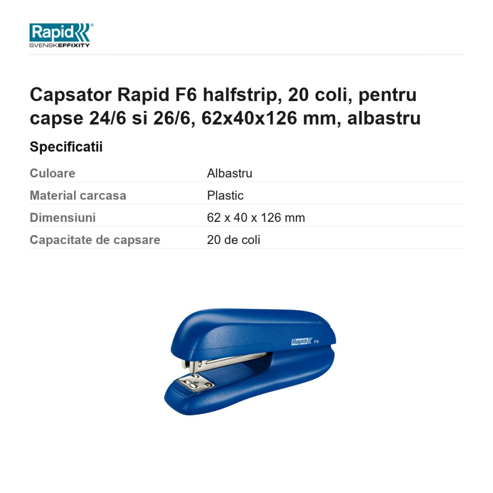 Capsator Rapid F6 halfstrip, 20 coli, pentru capse 24/6 si 26/6, 62x40x126 mm, albastru [3]