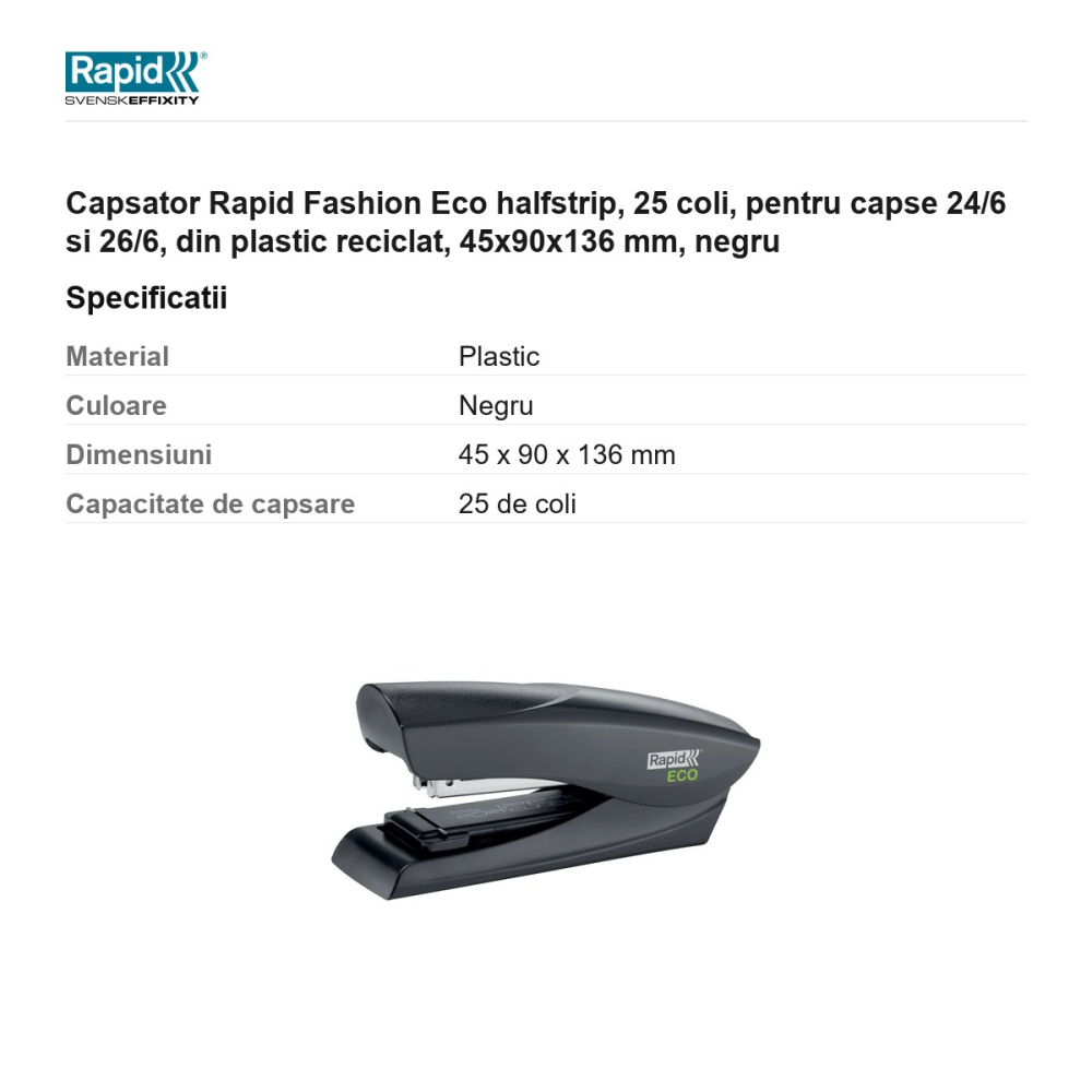 Capsator Rapid Fashion Eco halfstrip, 25 coli, pentru capse 24/6 si 26/6, din plastic reciclat, 45x90x136 mm, negru [3]