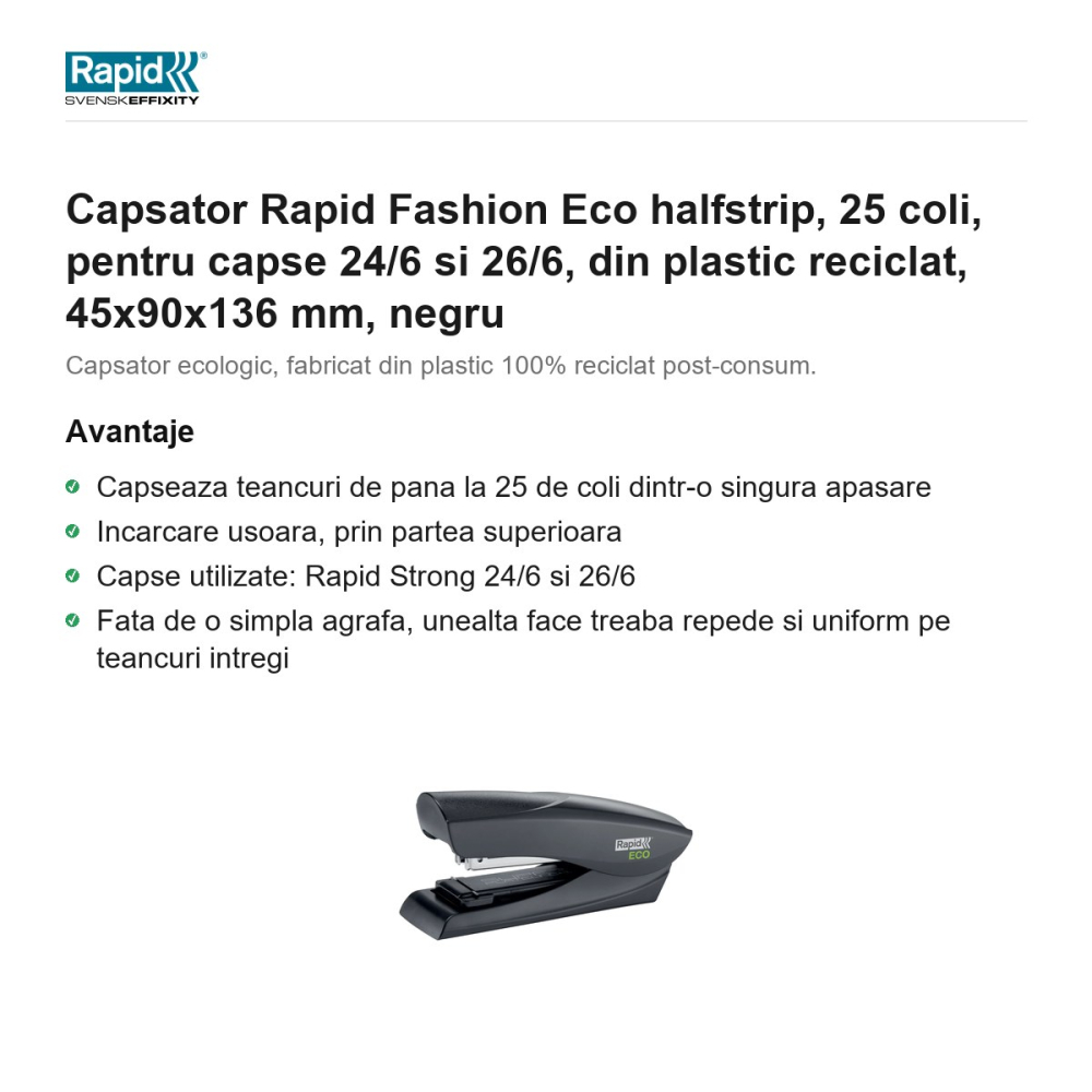 Capsator Rapid Fashion Eco halfstrip, 25 coli, pentru capse 24/6 si 26/6, din plastic reciclat, 45x90x136 mm, negru [2]