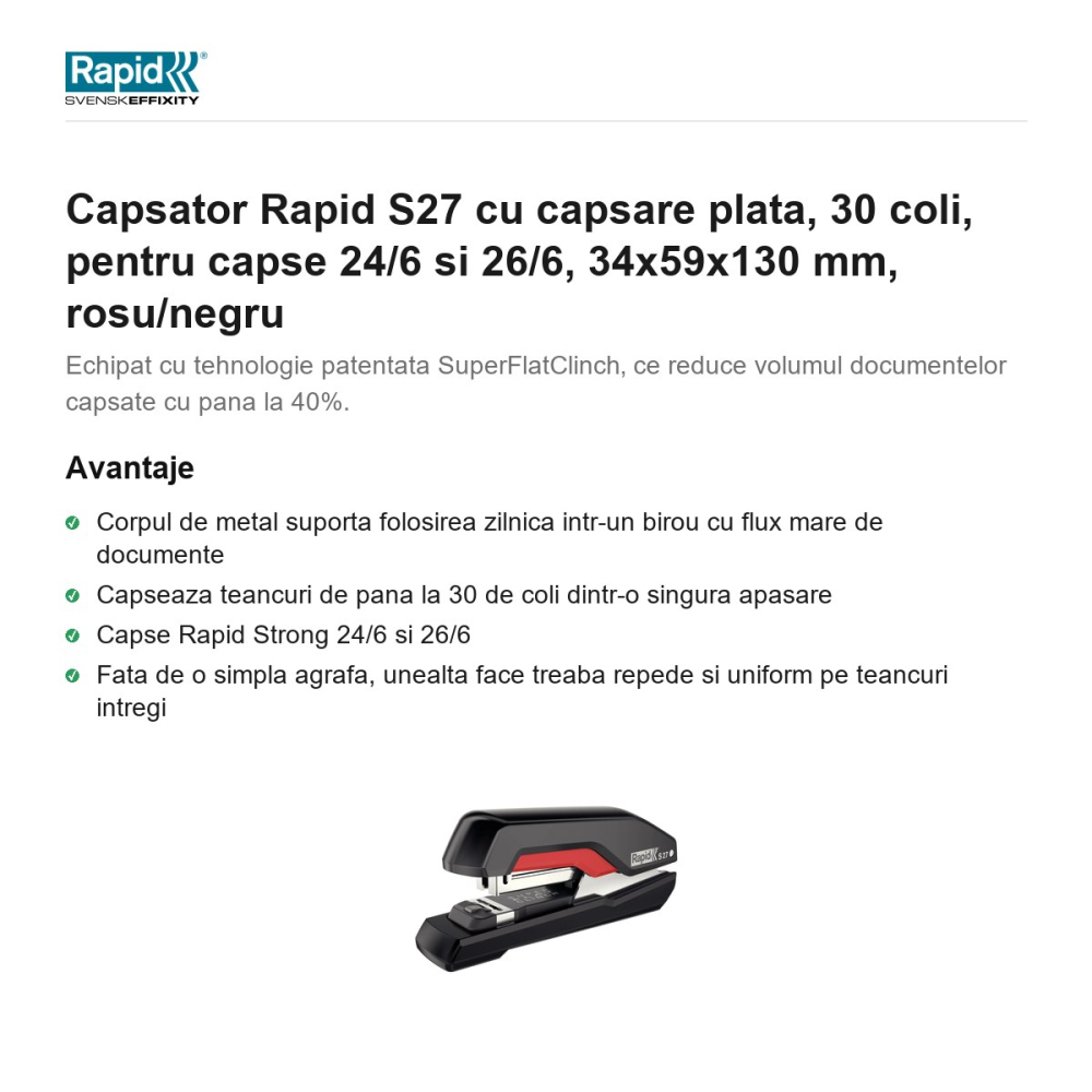 Capsator Rapid S27 cu capsare plata, 30 coli, pentru capse 24/6 si 26/6, 34x59x130 mm, rosu/negru [2]