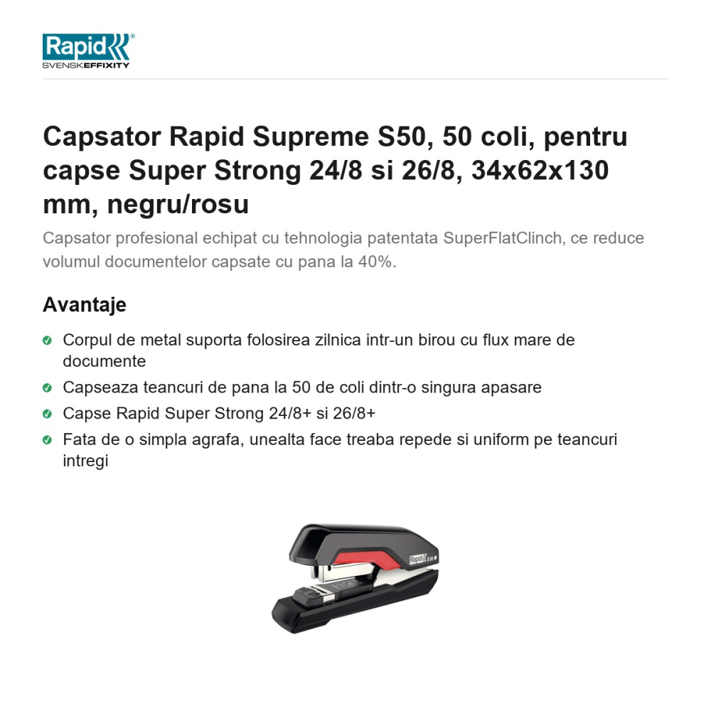 Capsator Rapid Supreme S50, 50 coli, pentru capse Super Strong 24/8 si 26/8, 34x62x130 mm, negru/rosu [2]