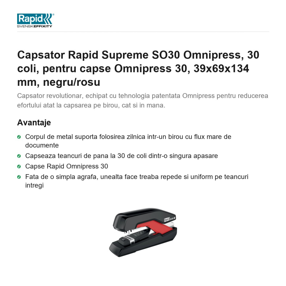 Capsator Rapid Supreme SO30 Omnipress, 30 coli, pentru capse Omnipress 30, 39x69x134 mm, negru/rosu [2]