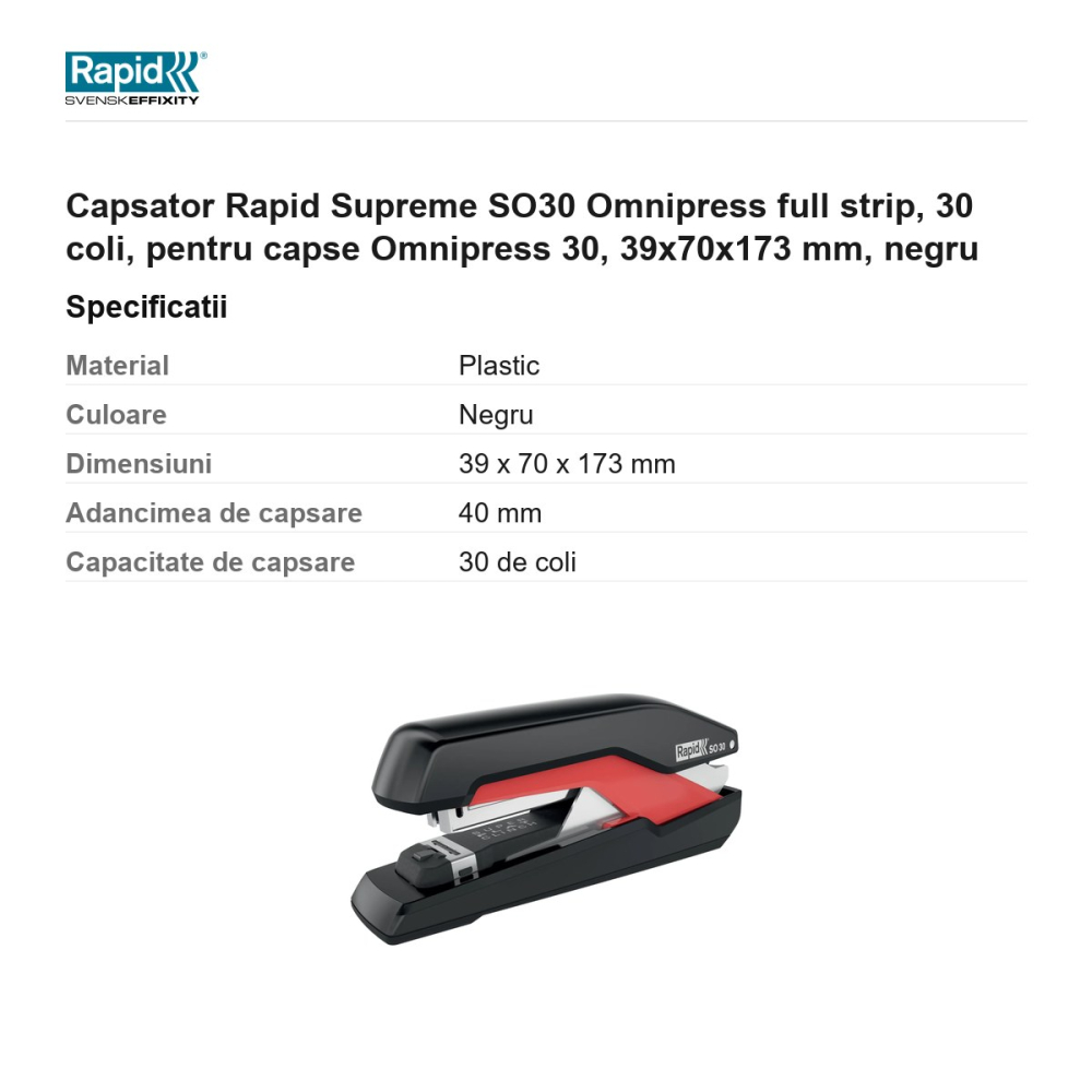 Capsator Rapid Supreme SO30 Omnipress full strip, 30 coli, pentru capse Omnipress 30, 39x70x173 mm, negru [3]