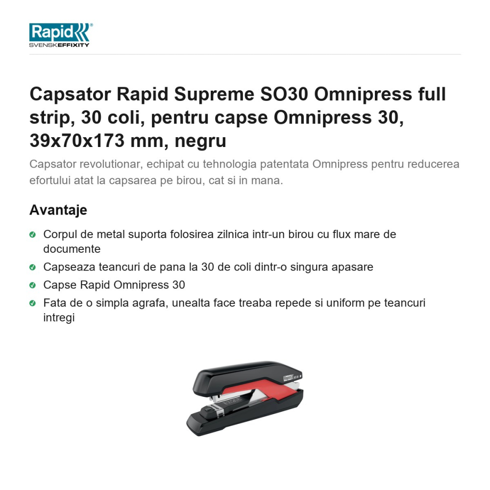 Capsator Rapid Supreme SO30 Omnipress full strip, 30 coli, pentru capse Omnipress 30, 39x70x173 mm, negru [2]
