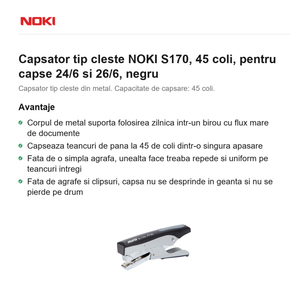 Capsator tip cleste NOKI S170, 45 coli, pentru capse 24/6 si 26/6, negru [2]