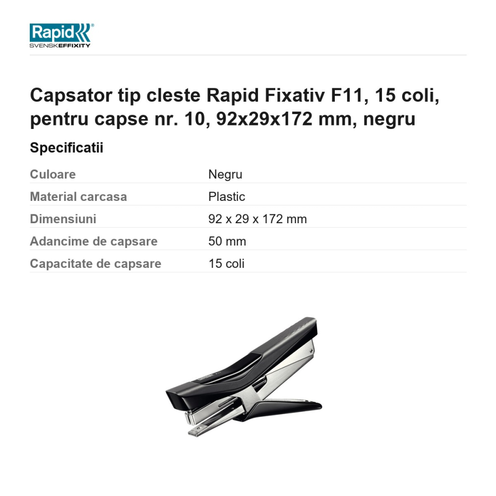 Capsator tip cleste Rapid Fixativ F11, 15 coli, pentru capse nr. 10, 92x29x172 mm, negru [3]