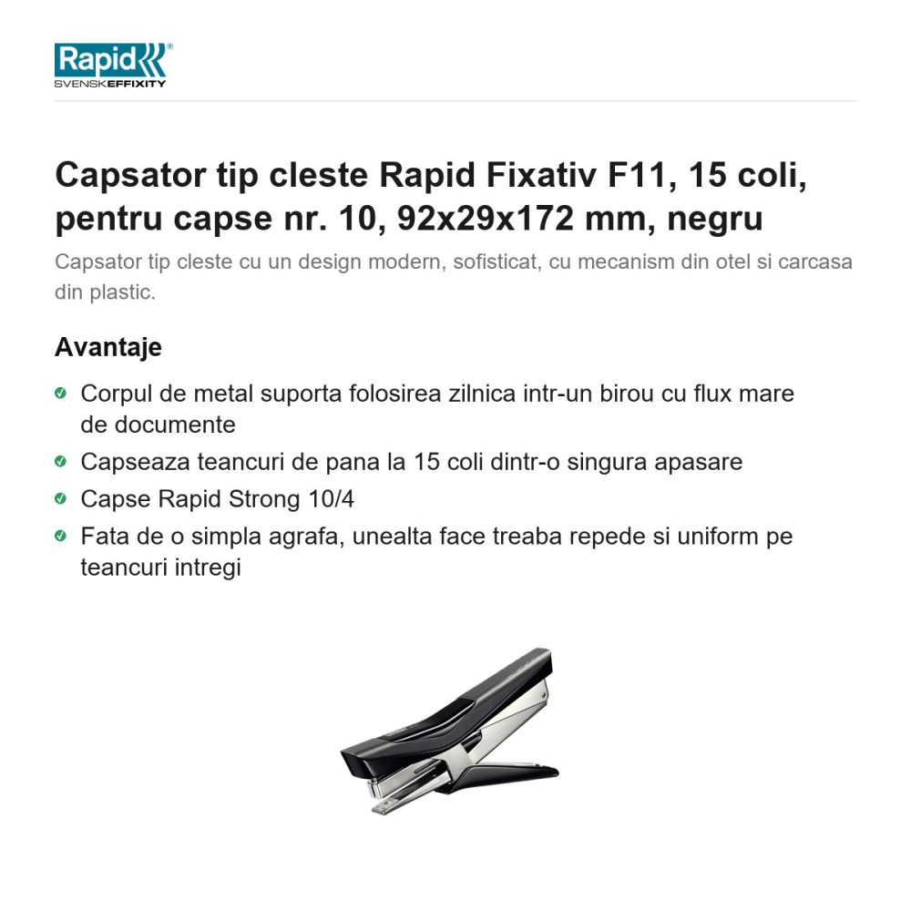 Capsator tip cleste Rapid Fixativ F11, 15 coli, pentru capse nr. 10, 92x29x172 mm, negru [2]