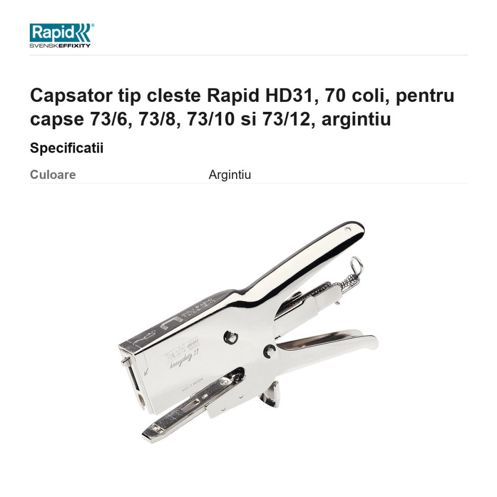 Capsator tip cleste Rapid HD31, 70 coli, pentru capse 73/6, 73/8, 73/10 si 73/12, argintiu [3]