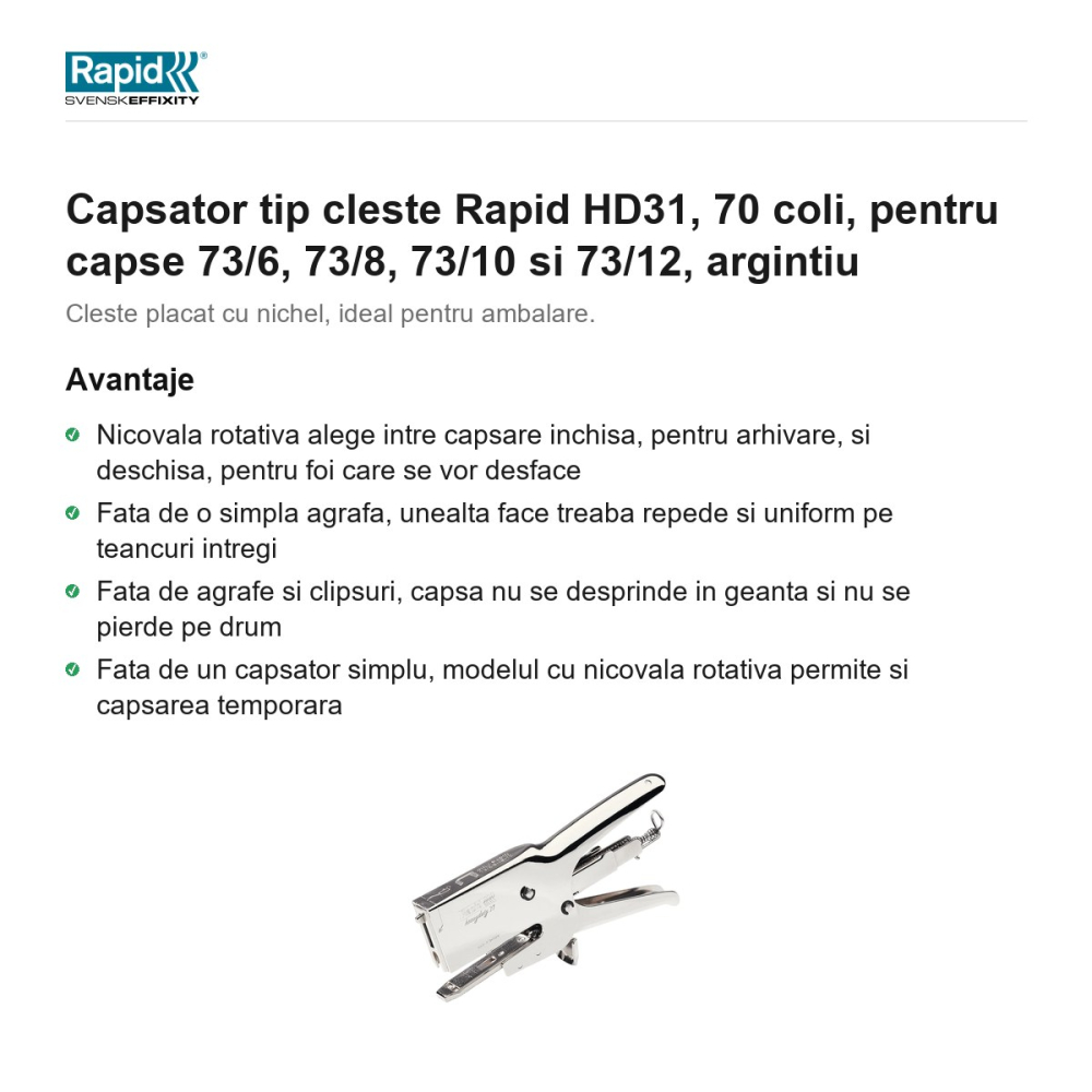 Capsator tip cleste Rapid HD31, 70 coli, pentru capse 73/6, 73/8, 73/10 si 73/12, argintiu [2]
