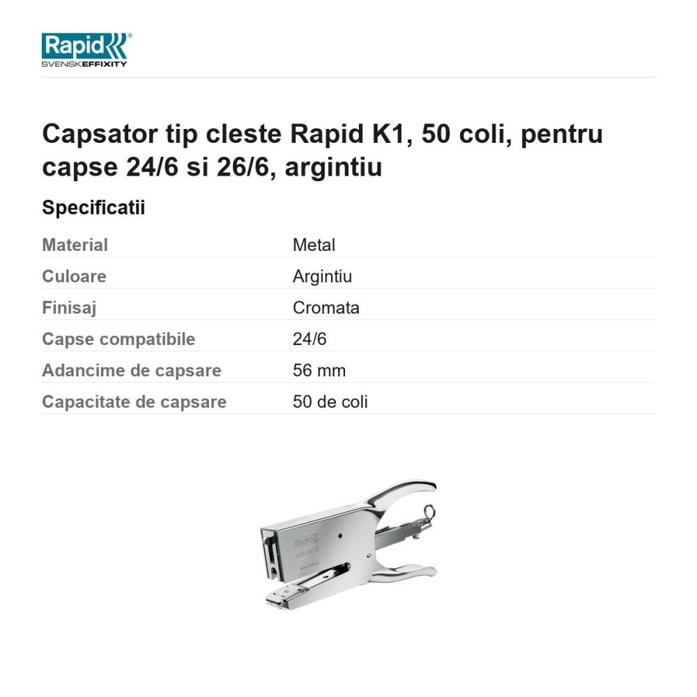 Capsator tip cleste Rapid K1, 50 coli, pentru capse 24/6 si 26/6, argintiu [3]