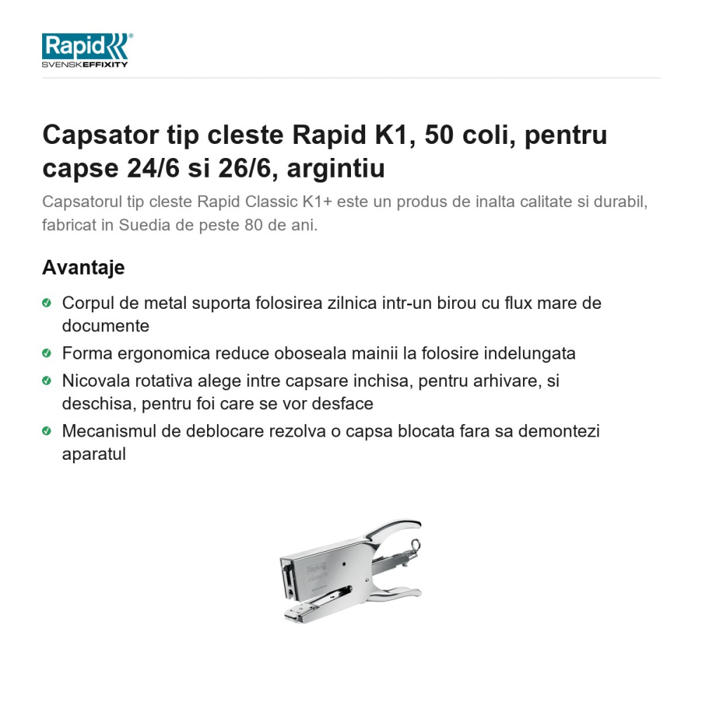Capsator tip cleste Rapid K1, 50 coli, pentru capse 24/6 si 26/6, argintiu [2]