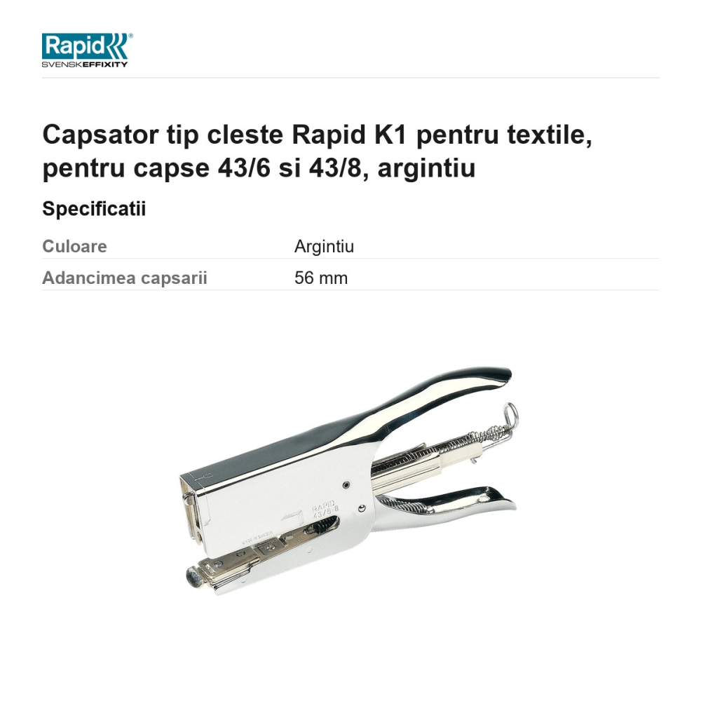 Capsator tip cleste Rapid K1 pentru textile, pentru capse 43/6 si 43/8, argintiu [3]
