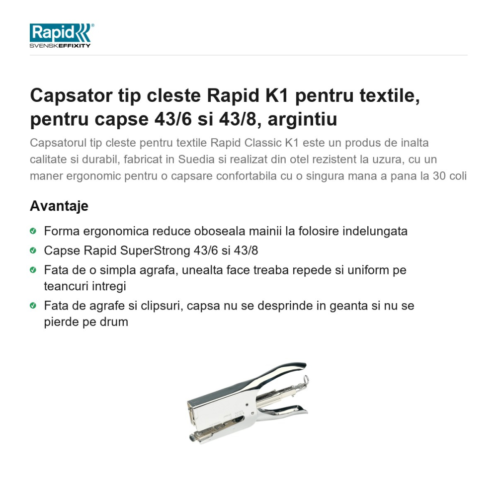 Capsator tip cleste Rapid K1 pentru textile, pentru capse 43/6 si 43/8, argintiu [2]