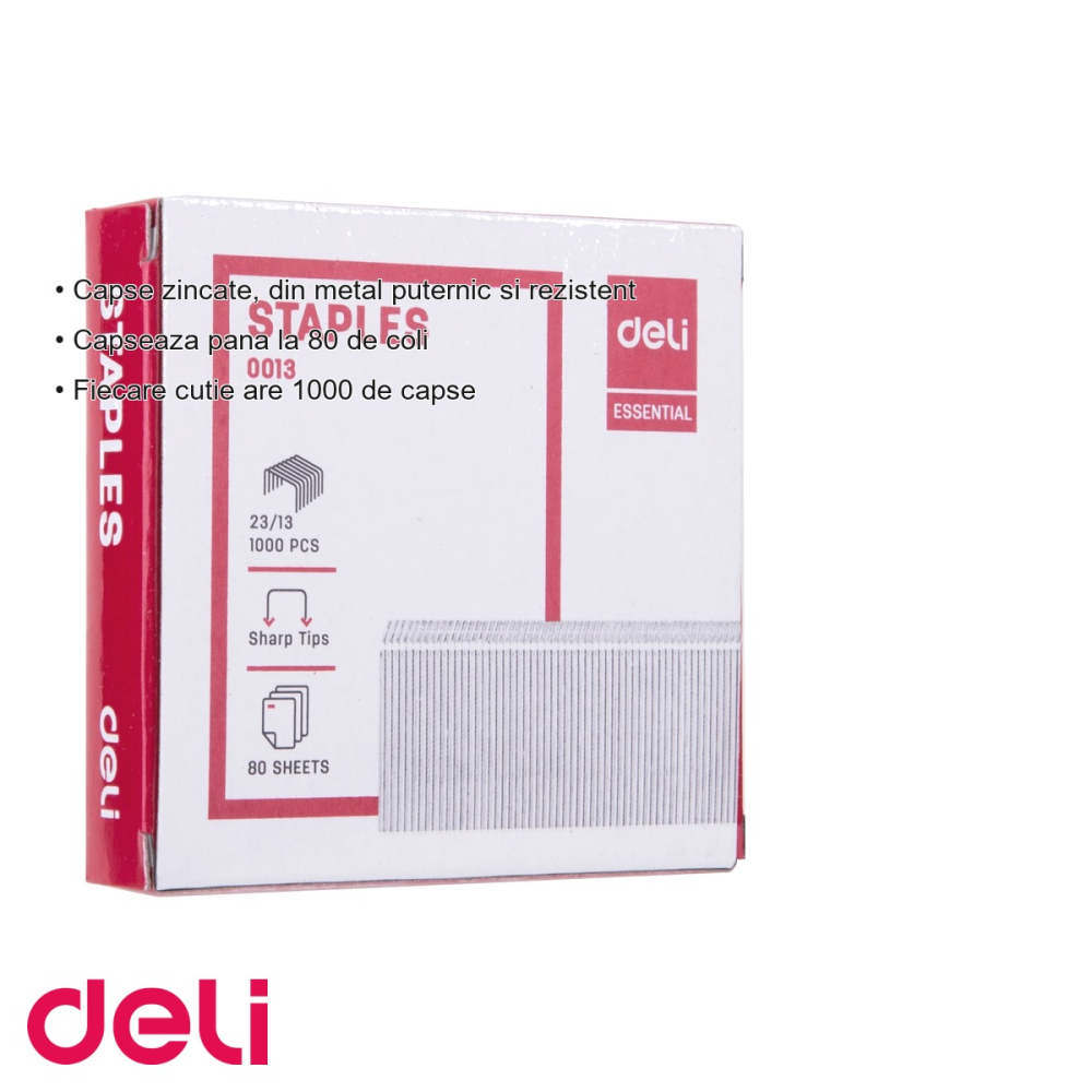 Capse zincate 23/13 Deli, metal rezistent, capseaza pana la 80 coli, cutie 1000 bucati [3]