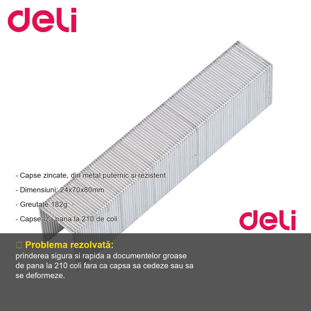 Capse zincate 23/23 Deli, metal rezistent, capacitate pana la 210 coli, cutie 1000 bucati [2]