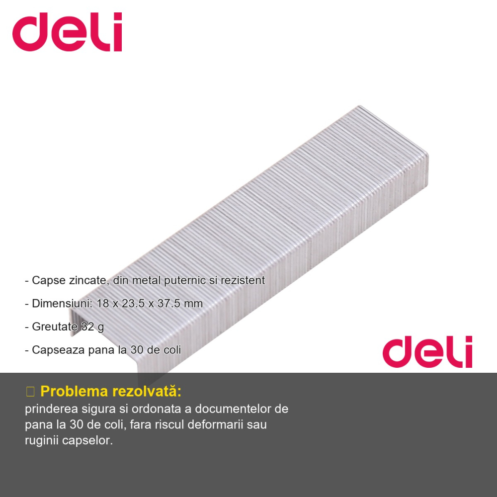 Capse zincate 26/6 Deli, metal rezistent, pentru capsatoare standard, 1000 bucati per cutie [2]