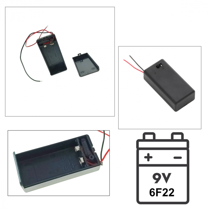 Carcasa cu capac si conectori cu 2 fire, pentru 1 baterie tip 6F22 9V, PR-3142-05021, buton On/Off, neagra [3]