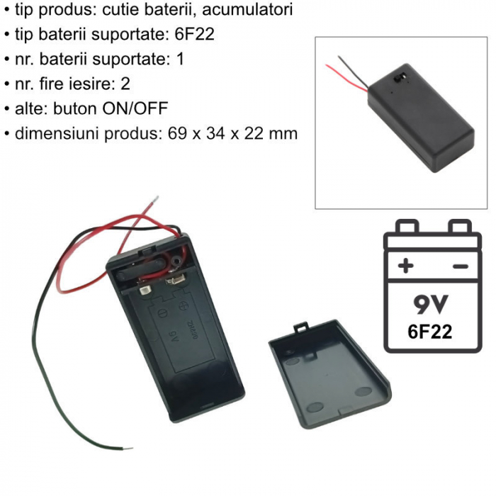 Carcasa cu capac si conectori cu 2 fire, pentru 1 baterie tip 6F22 9V, PR-3142-05021, buton On/Off, neagra [6]