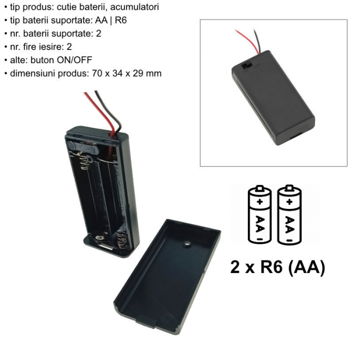 Carcasa cu capac si conectori cu 2 fire, pentru 2 baterii tip AA-R6, PR-2664-04800, buton On/Off, neagra [6]