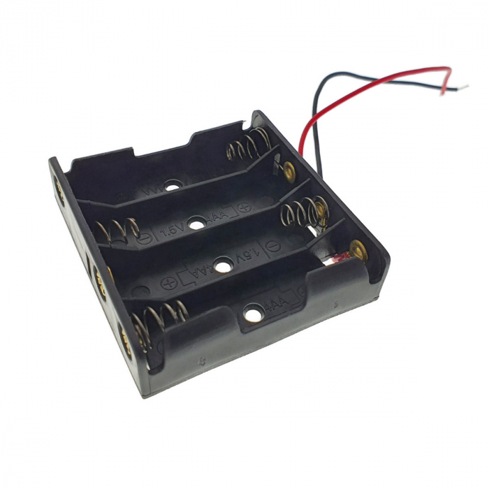 Carcasa cu suport si conectori cu 2 fire, pentru 4 baterii tip AA R6, din plastic negru [2]