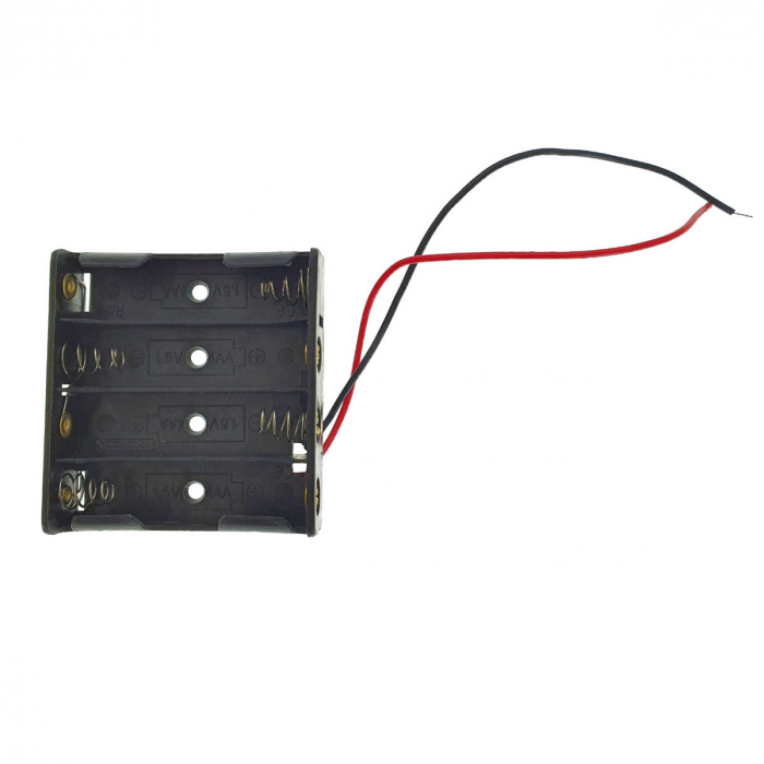 Carcasa cu suport si conectori cu 2 fire, pentru 4 baterii tip AA R6, din plastic negru [3]